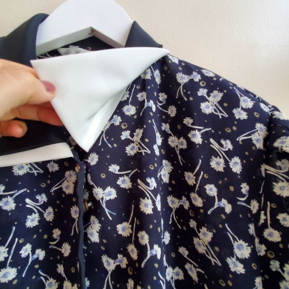 Vintage floral prints shirt with double layered contrast collar with button L - Picture 6 of 7